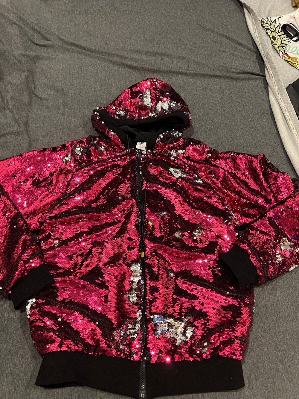 Slick It Up Pink/Silver Sequin Zip-Up Hoodie Jacket Mens sm/med